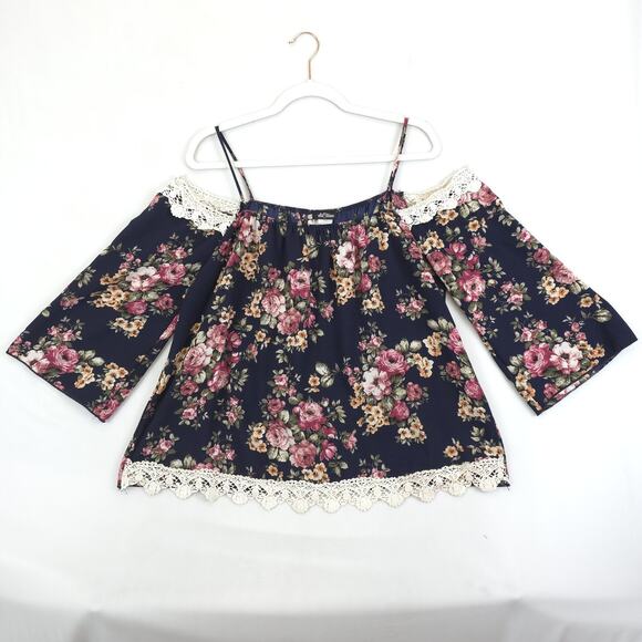 Fashion Magazine Blouse Women L Navy Floral Off Shoulder Lace Trim Boho Fairy - Picture 2 of 9